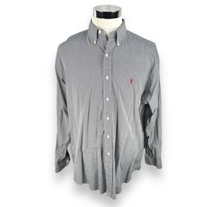 Polo Ralph Lauren Shirt Men's Large‎ Navy Blue Micro Gingham Button Blake Cotton